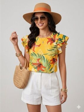 Milk & Honey Yellow Tropical Floral Flutter Sleeve Blouse Size Small